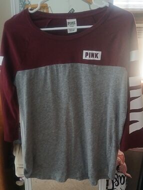 PINK Victoria's Secret Girls' Maroon and Gray Colorblock Long Sleeve Top